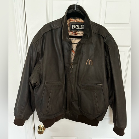 VTG EXCELLED LEATHER BOMBER BIKER JACKET AVIATOR BROWN/MAP GRAPHIC LINER  SZ XXL - Picture 15 of 16